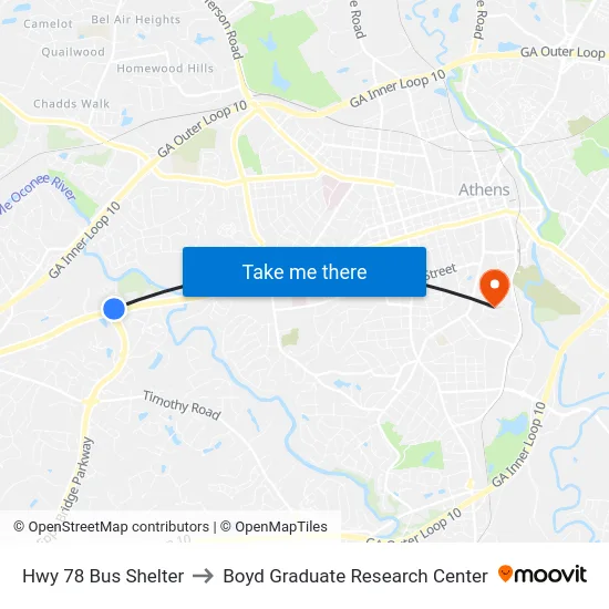 Hwy 78 Bus Shelter to Boyd Graduate Research Center map