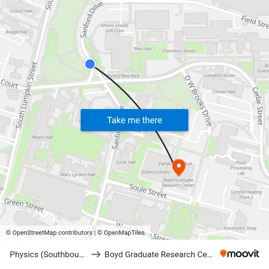 Physics (Southbound) to Boyd Graduate Research Center map