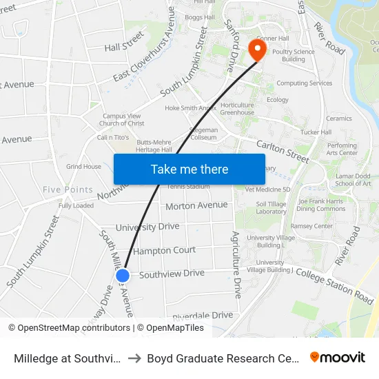 Milledge at Southview to Boyd Graduate Research Center map