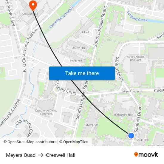 Meyers Quad to Creswell Hall map