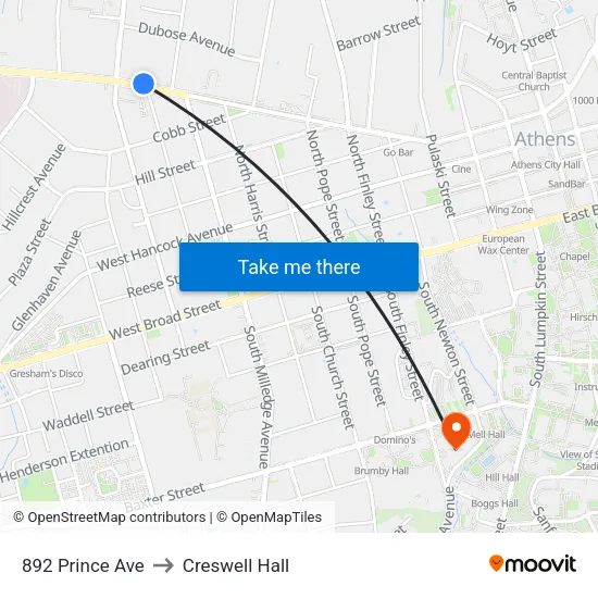 892 Prince Ave to Creswell Hall map