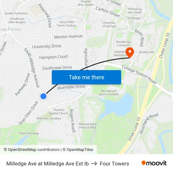 Milledge Ave at Milledge Ave Ext Ib to Four Towers map