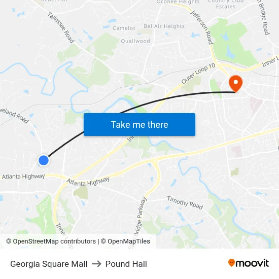 Georgia Square Mall to Pound Hall map