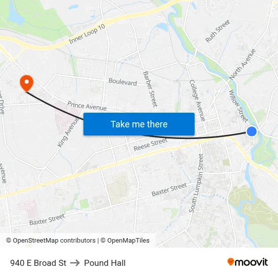 940 E Broad St to Pound Hall map
