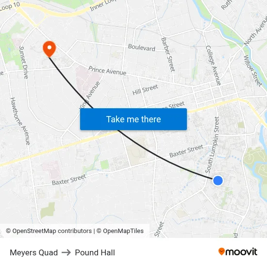 Meyers Quad to Pound Hall map