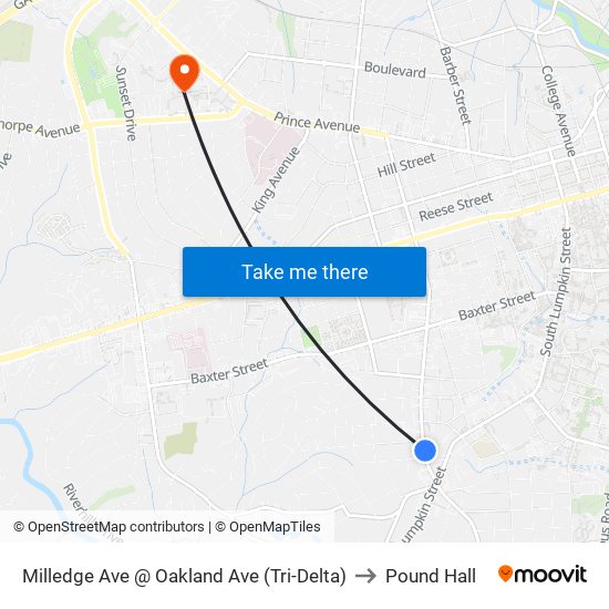 Milledge Ave @ Oakland Ave (Tri-Delta) to Pound Hall map