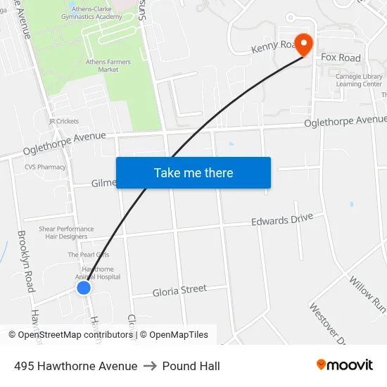 495 Hawthorne Avenue to Pound Hall map