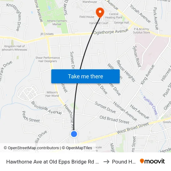 Hawthorne Ave at Old Epps Bridge Rd Ob to Pound Hall map