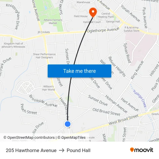 205 Hawthorne Avenue to Pound Hall map