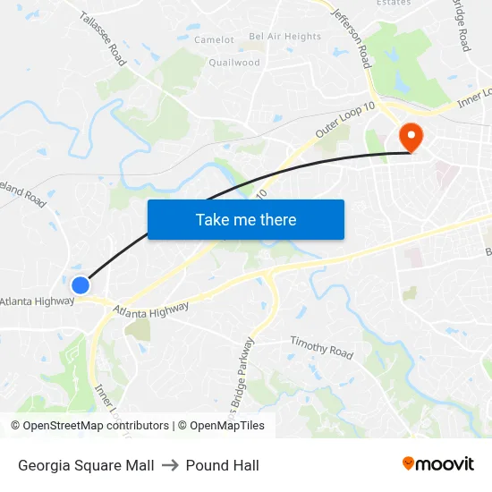 Georgia Square Mall to Pound Hall map