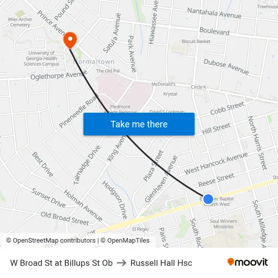 W Broad St at Billups St Ob to Russell Hall Hsc map