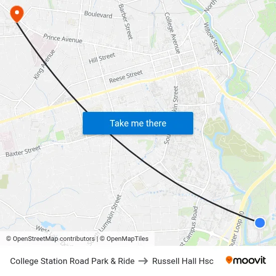College Station Road Park & Ride to Russell Hall Hsc map