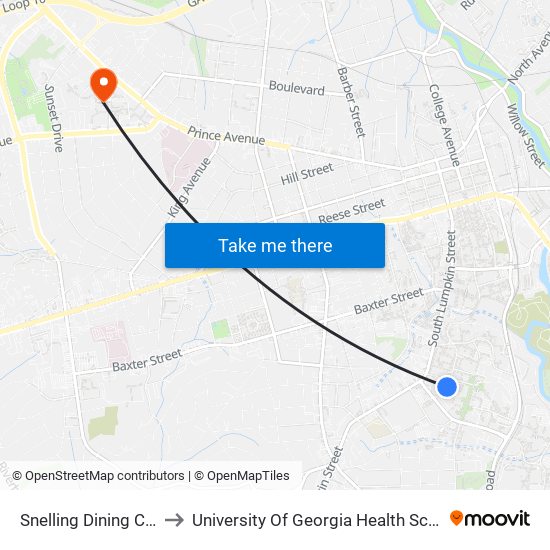 Snelling Dining Commons to University Of Georgia Health Sciences Campus map