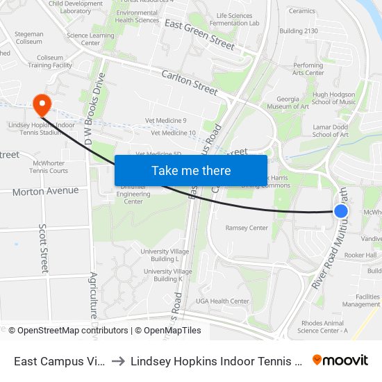 East Campus Village to Lindsey Hopkins Indoor Tennis Stadium map