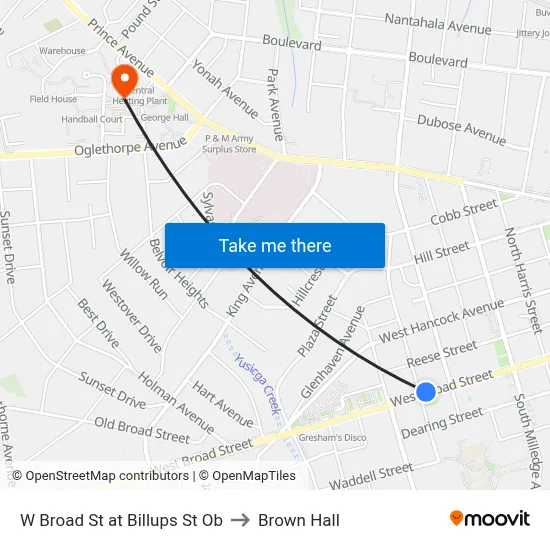 W Broad St at Billups St Ob to Brown Hall map