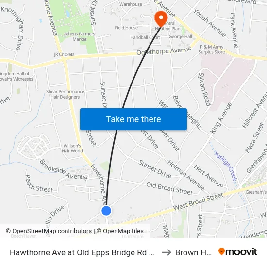 Hawthorne Ave at Old Epps Bridge Rd Ob to Brown Hall map