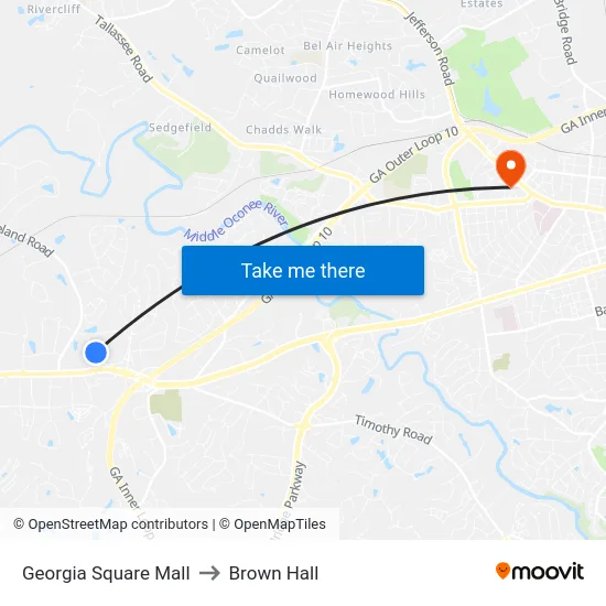 Georgia Square Mall to Brown Hall map