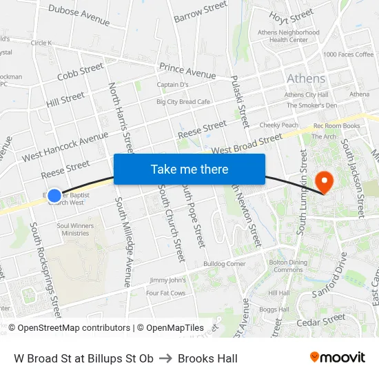 W Broad St at Billups St Ob to Brooks Hall map