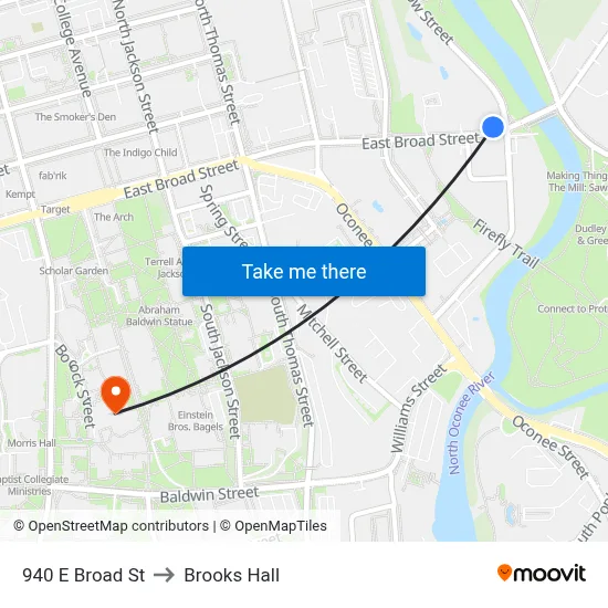 940 E Broad St to Brooks Hall map