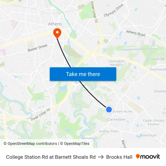 College Station Rd at Barnett Shoals Rd to Brooks Hall map