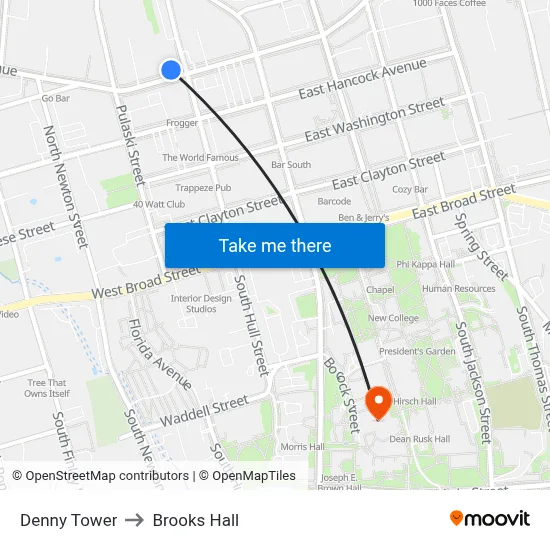 Denny Tower to Brooks Hall map