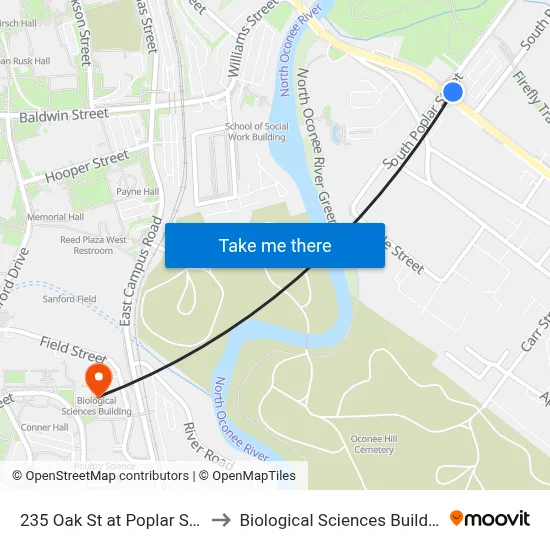 235 Oak St at Poplar St Ib to Biological Sciences Building map