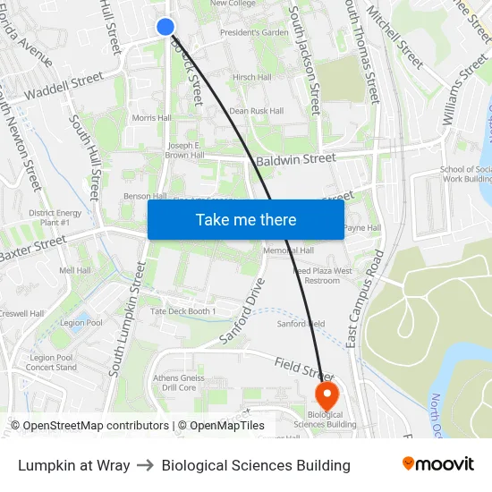 Lumpkin at Wray to Biological Sciences Building map