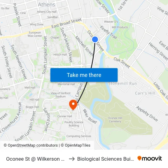 Oconee St @ Wilkerson St Ob to Biological Sciences Building map