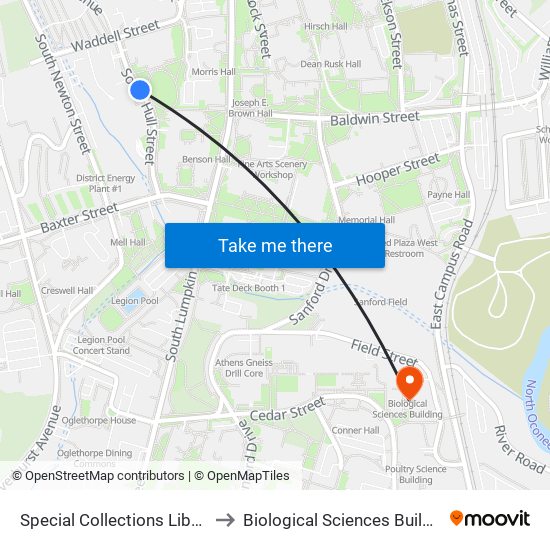 Special Collections Library to Biological Sciences Building map