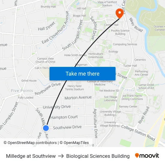 Milledge at Southview to Biological Sciences Building map