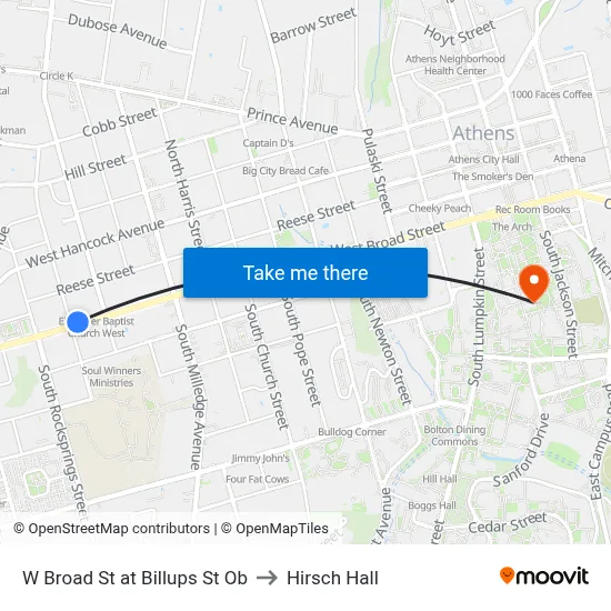 W Broad St at Billups St Ob to Hirsch Hall map