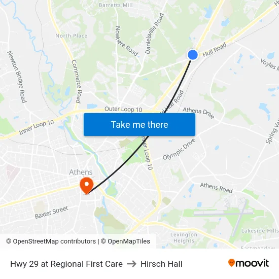 Hwy 29 at Regional First Care to Hirsch Hall map