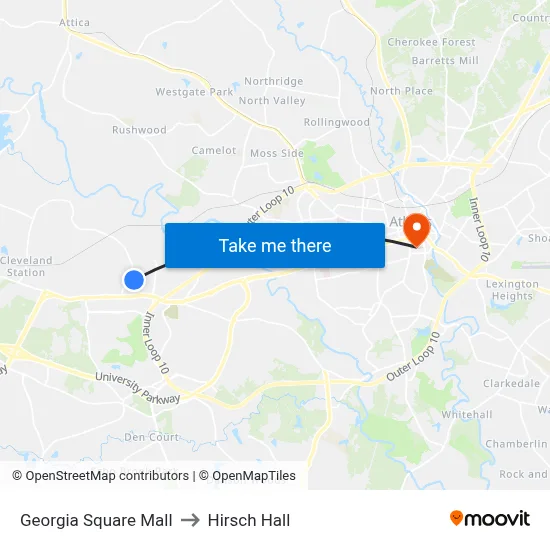 Georgia Square Mall to Hirsch Hall map