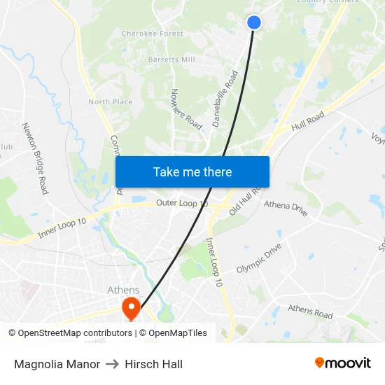 Magnolia Manor to Hirsch Hall map