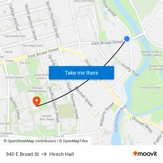 940 E Broad St to Hirsch Hall map