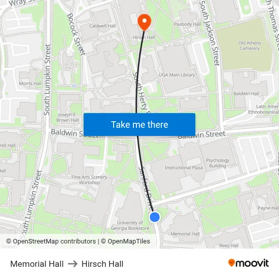 Memorial Hall to Hirsch Hall map