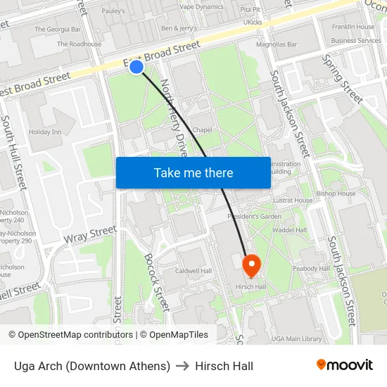 Uga Arch (Downtown Athens) to Hirsch Hall map