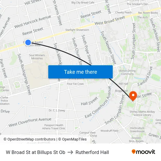 W Broad St at Billups St Ob to Rutherford Hall map