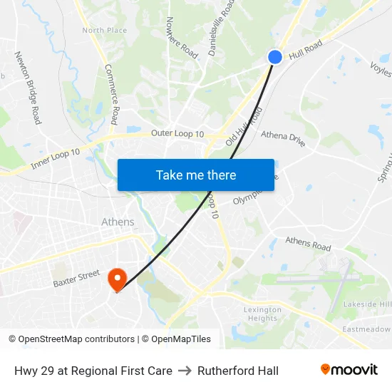 Hwy 29 at Regional First Care to Rutherford Hall map