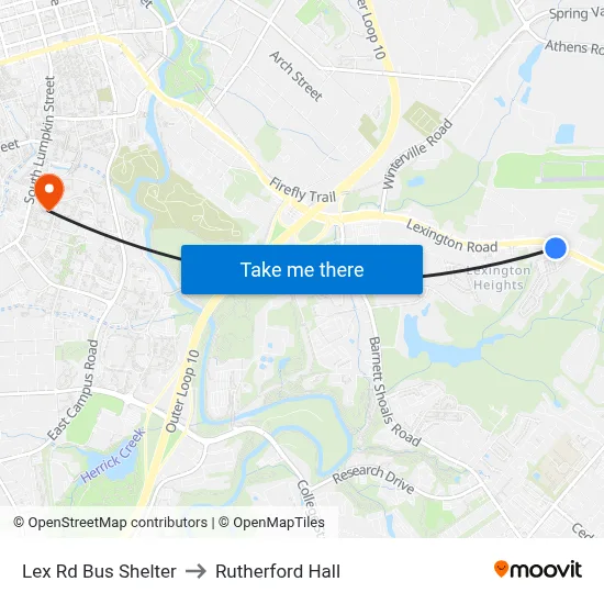 Lex Rd Bus Shelter to Rutherford Hall map
