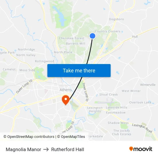 Magnolia Manor to Rutherford Hall map