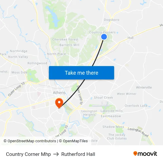 Country Corner Mhp to Rutherford Hall map