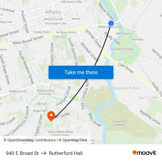 940 E Broad St to Rutherford Hall map