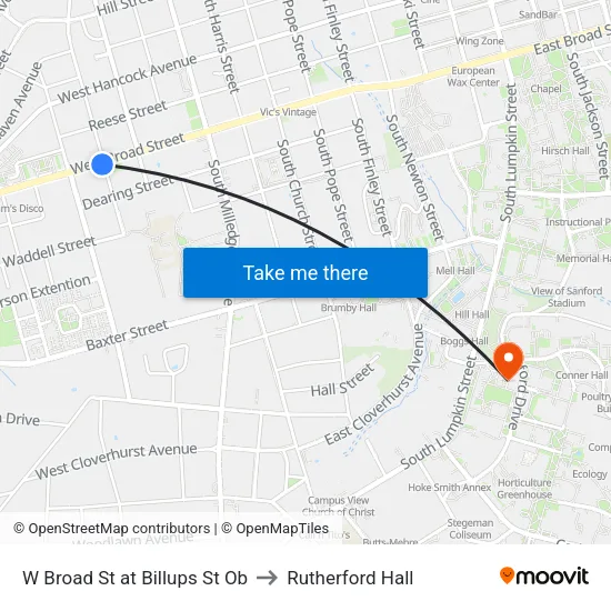 W Broad St at Billups St Ob to Rutherford Hall map
