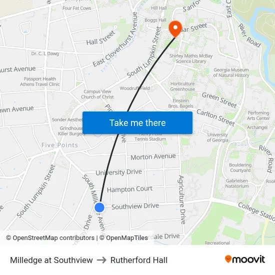 Milledge at Southview to Rutherford Hall map