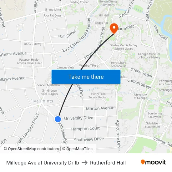 Milledge Ave at University Dr Ib to Rutherford Hall map