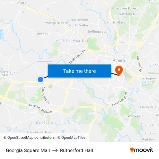 Georgia Square Mall to Rutherford Hall map