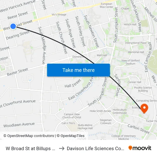 W Broad St at Billups St Ob to Davison Life Sciences Complex map