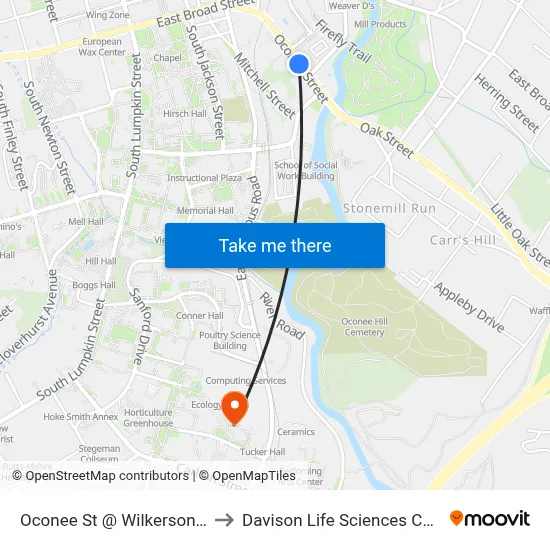 Oconee St @ Wilkerson St Ob to Davison Life Sciences Complex map
