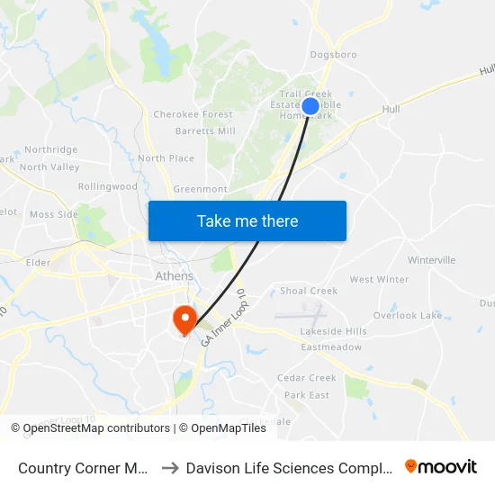 Country Corner Mhp to Davison Life Sciences Complex map